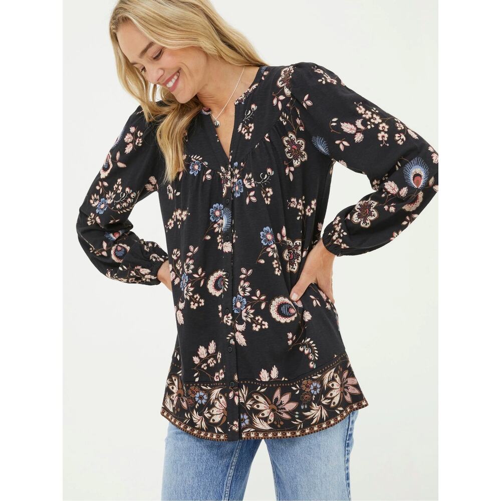 Fat Face Betty Floral Geometric Border Button Down Tunic Top US 14 UK 18 XL